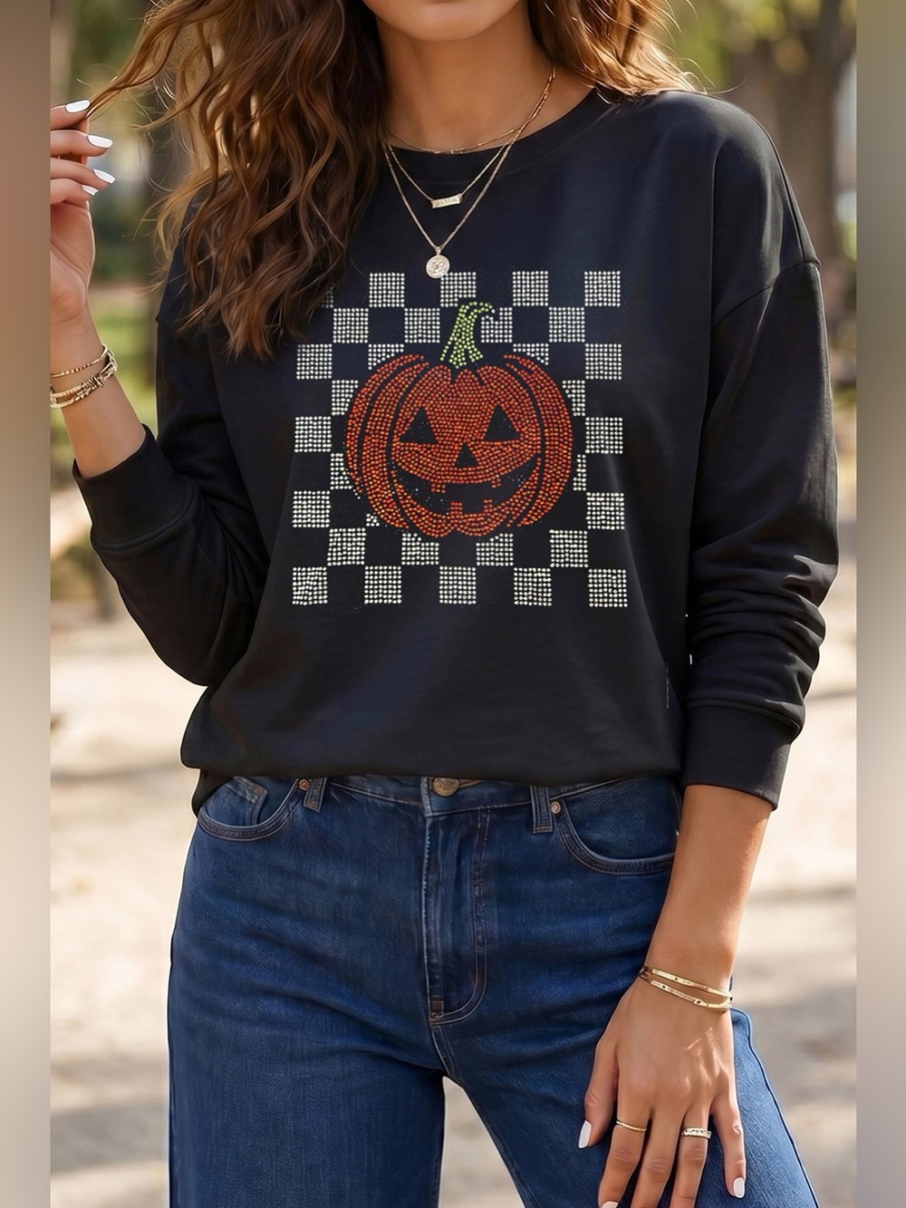 Rhinestone Pumpkin Long Sleeve Sweatshirt